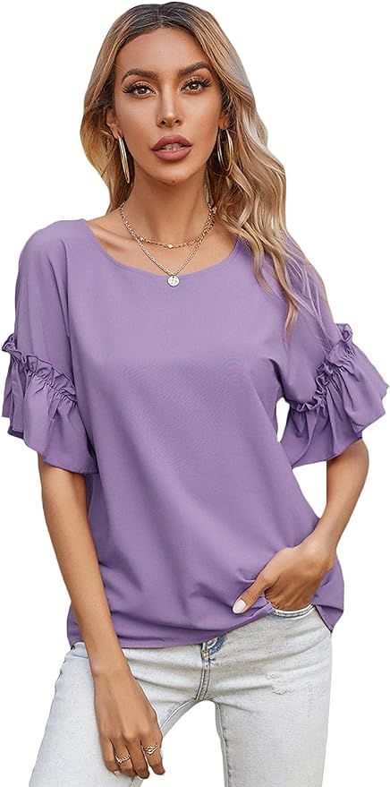 Floerns Women's Casual Summer Ruffle Short Sleeve Tops Blouse T-Shirt | Amazon (US)