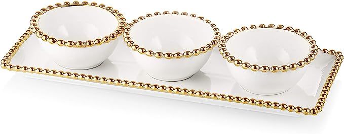White Porcelain 3 Bowl Relish Dish and Tray with Gold Beaded Design on Edge-Measure: 14.5"L | Amazon (US)