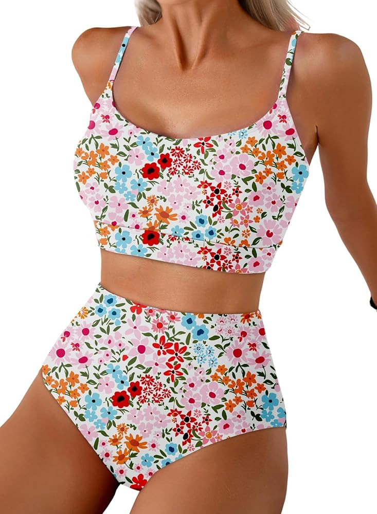 Herseas 2 Piece High Waisted Bikini Set for Women 2026 Spaghetti Straps Swim Top with Reversible ... | Amazon (US)