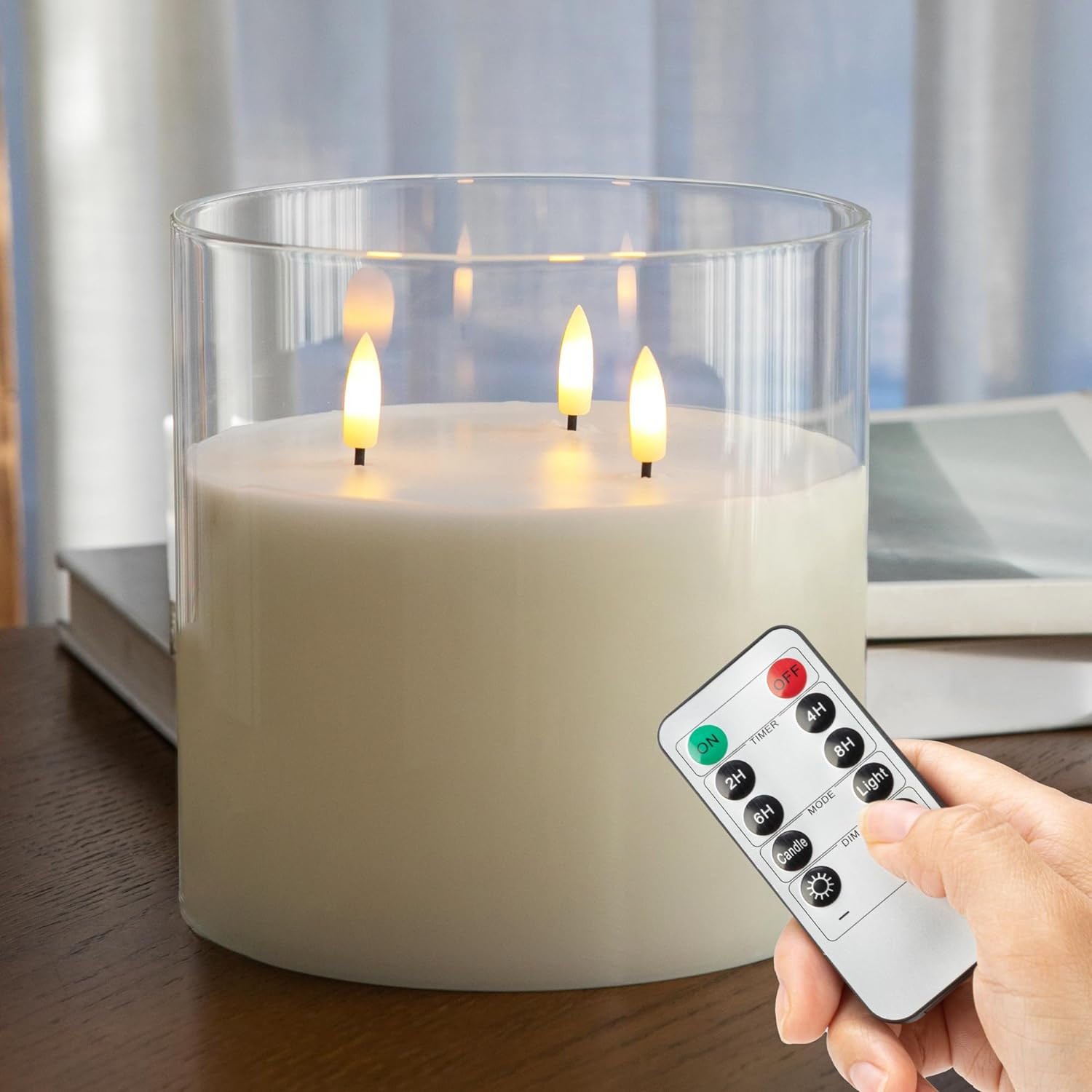 Extra Large Flameless Candles with 3 Wicks, 6"x6" Glass Battery Operated Candles with Remote, Real Wax Flickering LED Candles Fake Candle for Home, Wedding, Party, Clear | Amazon (US)