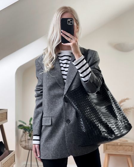 Spring Outfit Inspiration, Spring Style, Grey Blazer, Striped Tote, Black Tote Bag, Everyday Outfit, Smart Casual Stylee

#LTKeurope #LTKstyletip #LTKSeasonal