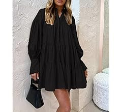 Aofur Summer Cotton V Neck Long Losse Sleeve Casual Party A-Line Dresses Embroidery Short Dress | Amazon (US)