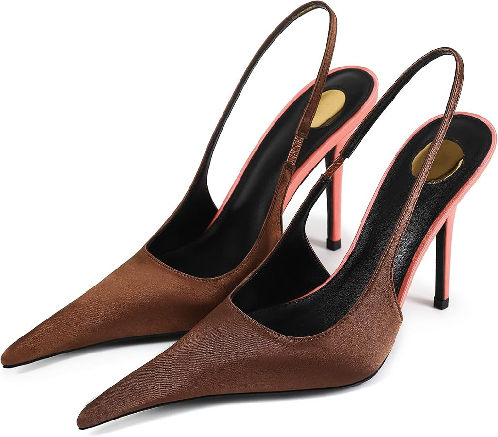 Women Slingback Heels Pointed Toe Stiletto Heel Pumps Satin High Heels Colorblock Dress Pumps Sex... | Amazon (US)