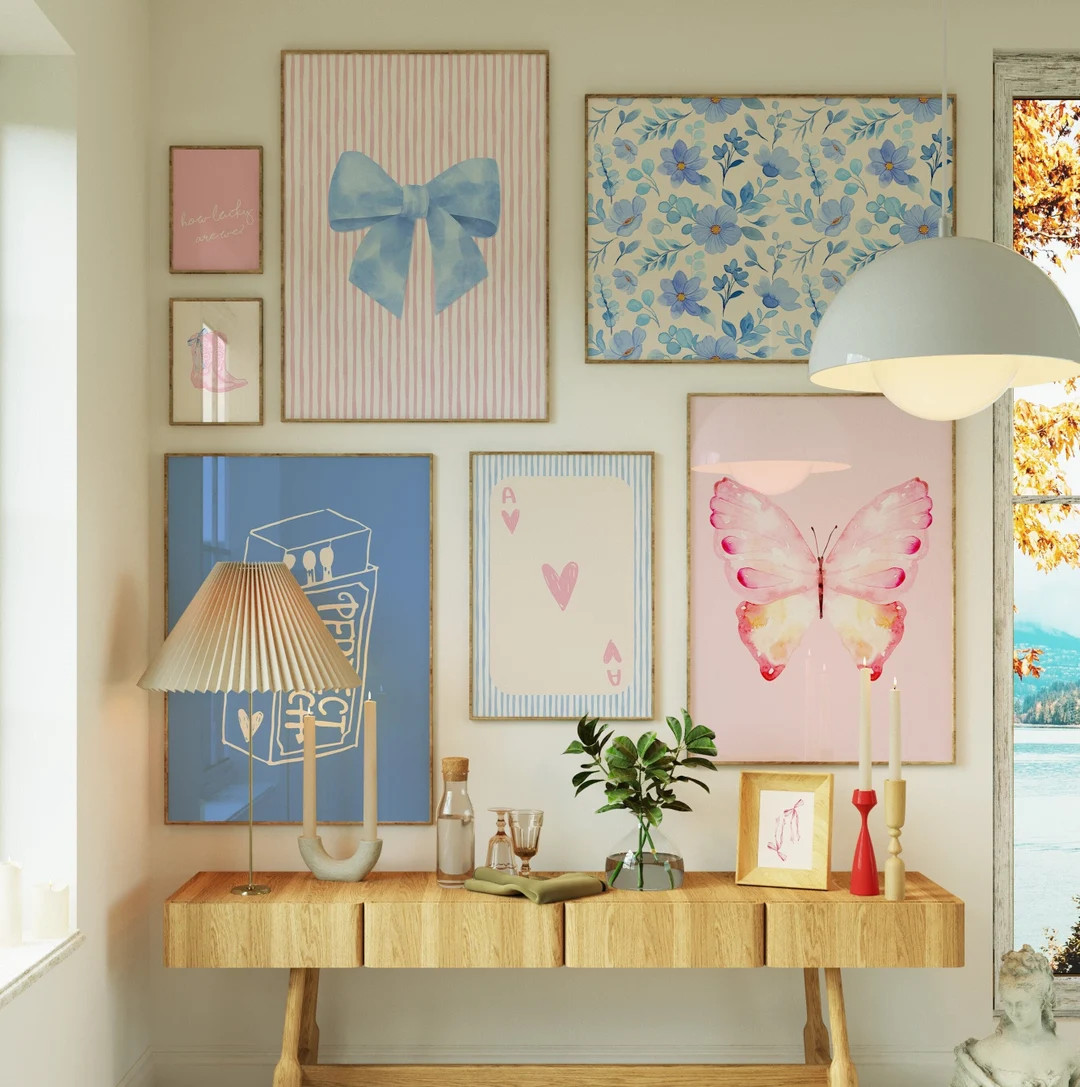 Pink and Blue Preppy Set of 8, Aesthetic Coastal Wall Art, Trendy Girls Dorm Room Decor, How Luck... | Etsy (US)