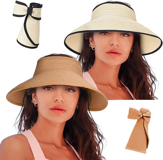 Women's Sun Visor Hats Wide Brim Straw Beach Hat Ponytail Hats for Women Foldable Floppy | Amazon (US)