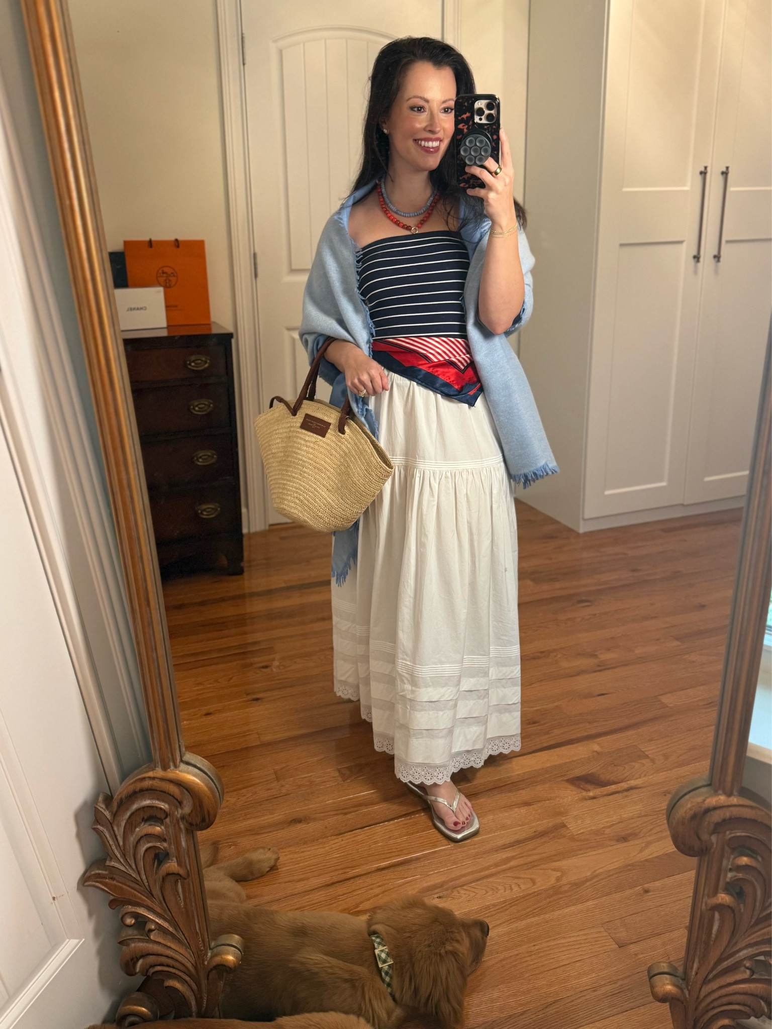 Navy striped top (small)
White cotton midi maxi skirt (small) quince
Americana outfit
Light blue cashmere wrap
New England summer style 
4th of July outfits
Date night outfits 
Summer outfits 
Summer dresses
Vacation outfits beach

#LTKTravel #LTKSeasonal #LTKootd