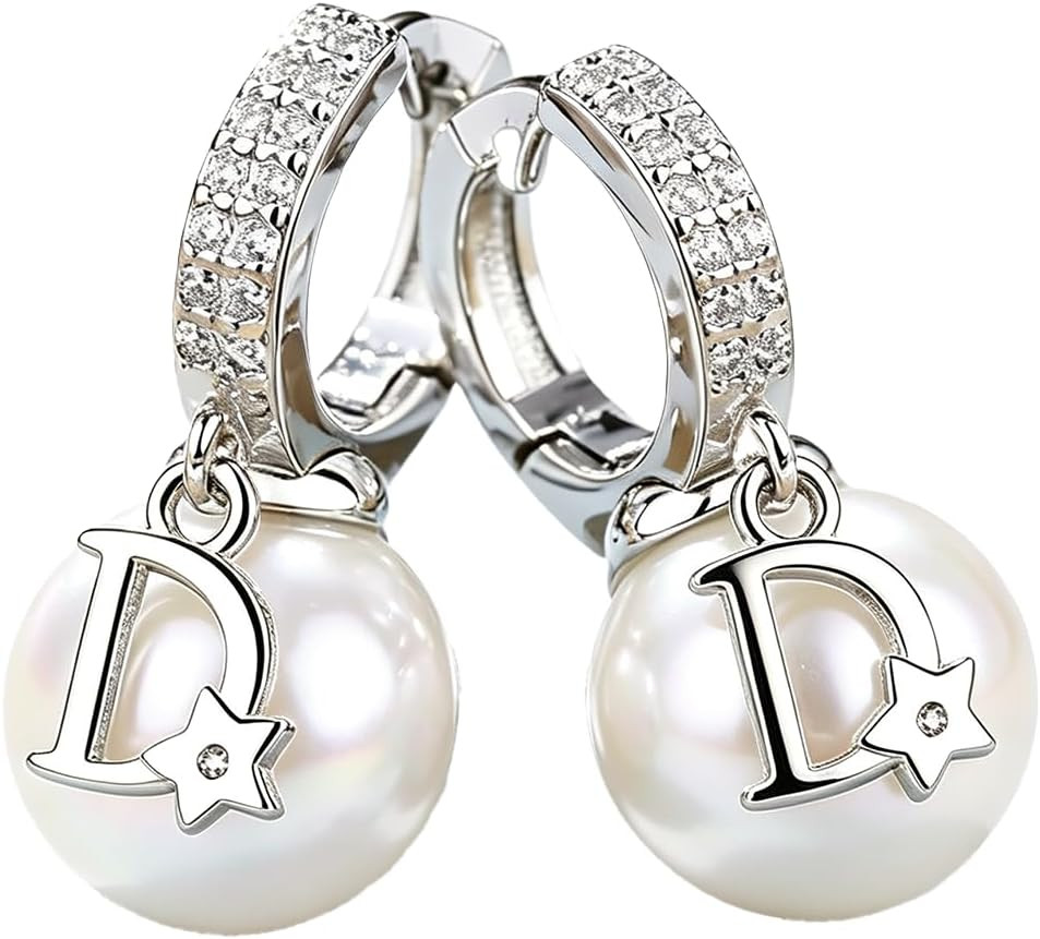 Silver Pearl Drop Leverback Earrings with D Star Accent Dainty Statement Jewelry for Women | Amazon (US)