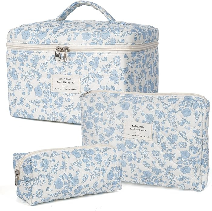 Makeup Bag,Quilted Cosmetic Bag,Large Floral Make Up Bag for Women,Cotton Makeup Bag Set,Flower T... | Amazon (US)