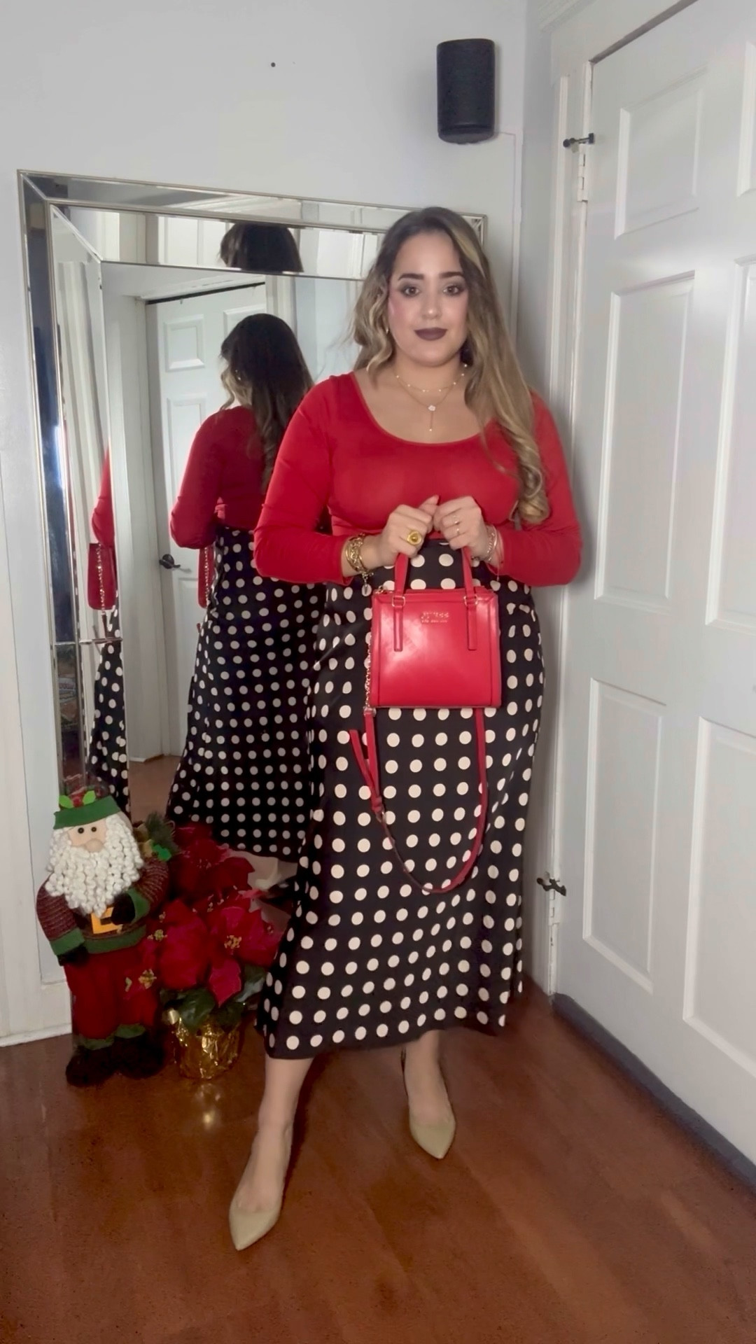 Obsessed with how this holiday outfit turned out. Let me know your thoughts in the comments! The satin polka dot skirt is from @Targett

#LTKStyleTip #LTKGiftGuide #LTKHoliday