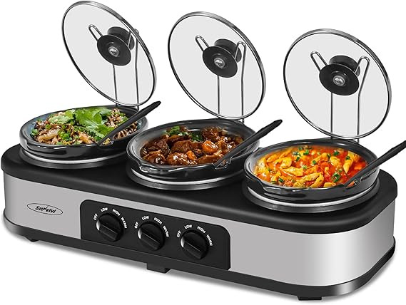 Triple Slow Cooker, 3×1.5 QT Buffet Servers and Warmers, 3 Pots Buffet Slow Cooker Adjustable Te... | Amazon (US)