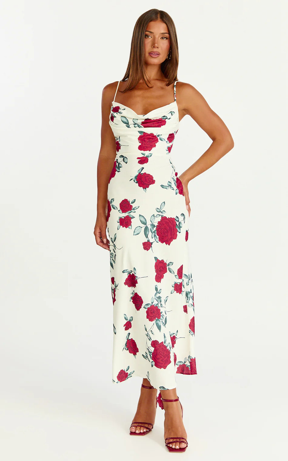 Cowl Neck A Line Dress in Scarlet Rose Print | Showpo (US, UK & Europe)