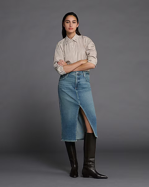 High Waisted Medium Wash Midi Hyper Sculpt Denim Skirt | Express