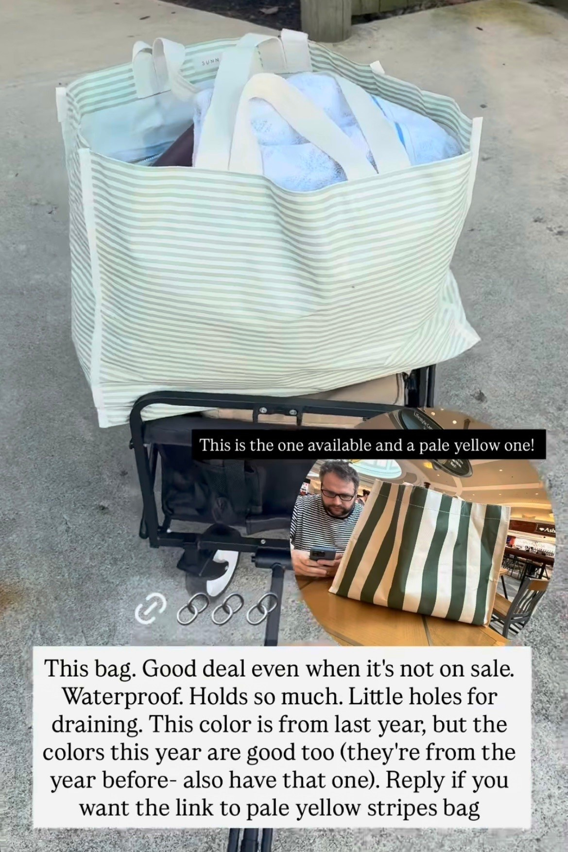 Waterproof tote bag with little holes in it for draining. Color shown is from last year, but the current colors are also good (link takes you to the green striped bag shown below).

#LTKmomlife #LTKMothersDay #LTKTravel