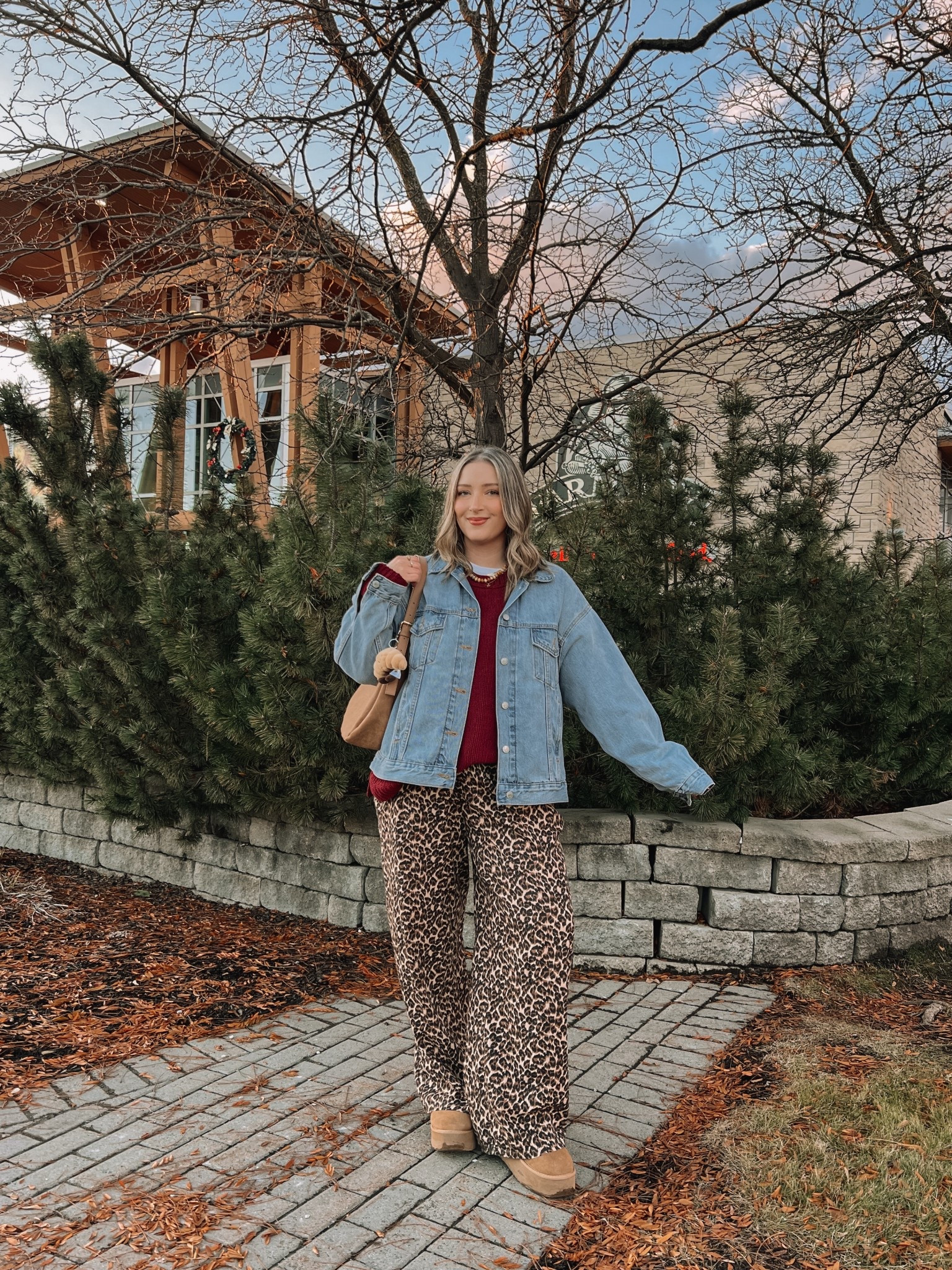 Comfy fall outfit! Wearing my usual size L in the burgundy sweater & white tee. Sized up to XL in the denim jacket for an oversized fit. Leopard pants are old from aerie, linked similar. Ugg look for less are so comfy and holding up so well! I’m a 9.5-10 shoe and wear a 10 in these.

#LTKmidsize #LTKfall #LTKstyletip