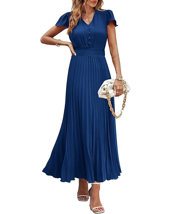 PRETTYGARDEN Women's Summer Maxi Dresses 2025 Trendy Casual Button V Neck Ruffle Cap Sleeve Long ... | Amazon (US)