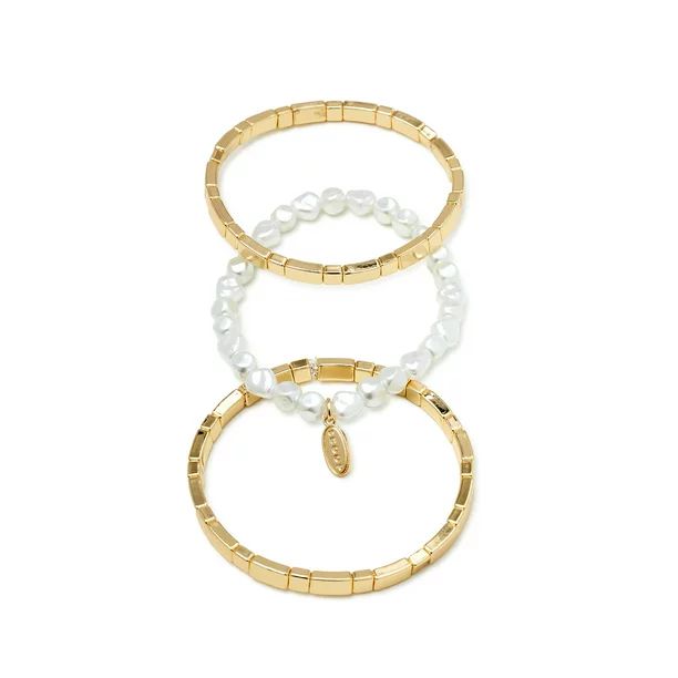 Scoop Women’s Faux Pearl and 14K Gold Flash-Plated Stretch Bracelet, 3-Piece Set - Walmart.com | Walmart (US)