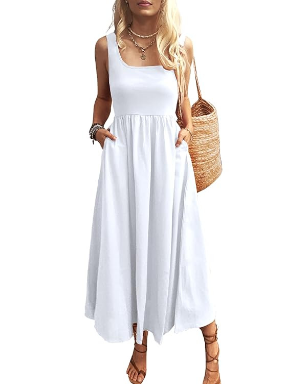 Women's Maxi Dress Summer Sleeveless Swing Sundress Casual Loose Tank Long Dresses with Pockets | Amazon (US)