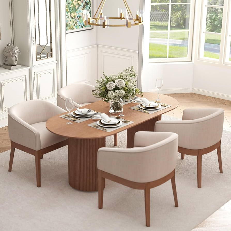 Mid Century Modern Upholstered Barrel Dining Chairs with Arms Set of 4, Farmhouse Linen Kitchen &... | Amazon (US)