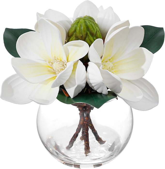 Artificial White Magnolia Flowers in Glass Vase with Faux Water, Real Touch Silk Magnolia Floral ... | Amazon (US)