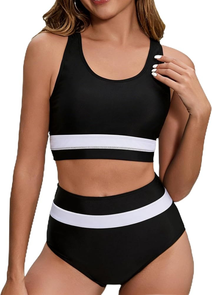 Women's High Waisted Bikini Sets Two Piece Swimsuit Color Block Sporty Athletic Moderate Coverage... | Amazon (US)