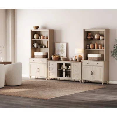 Sideboard Cabinet With Bar Hutch, Buffet Cabinet With 2 Drawers, 3 Tier Shelves, 2 Glass Doors And 6 Wood Doors, Light Beige, 125'' | Wayfair North America
