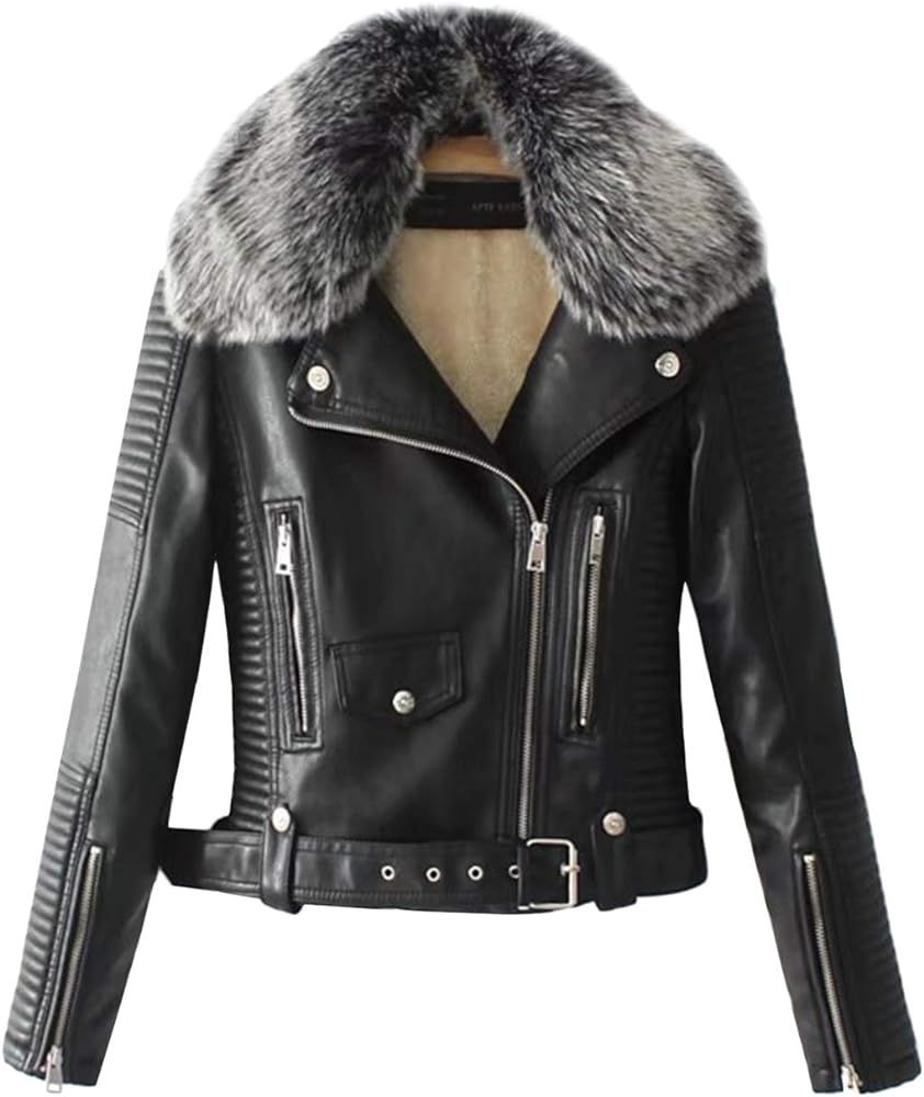 Lentta Women's Faux Fur Collar Pu Leather Fleece Lined Warm Quilted Moto Jacket | Amazon (US)