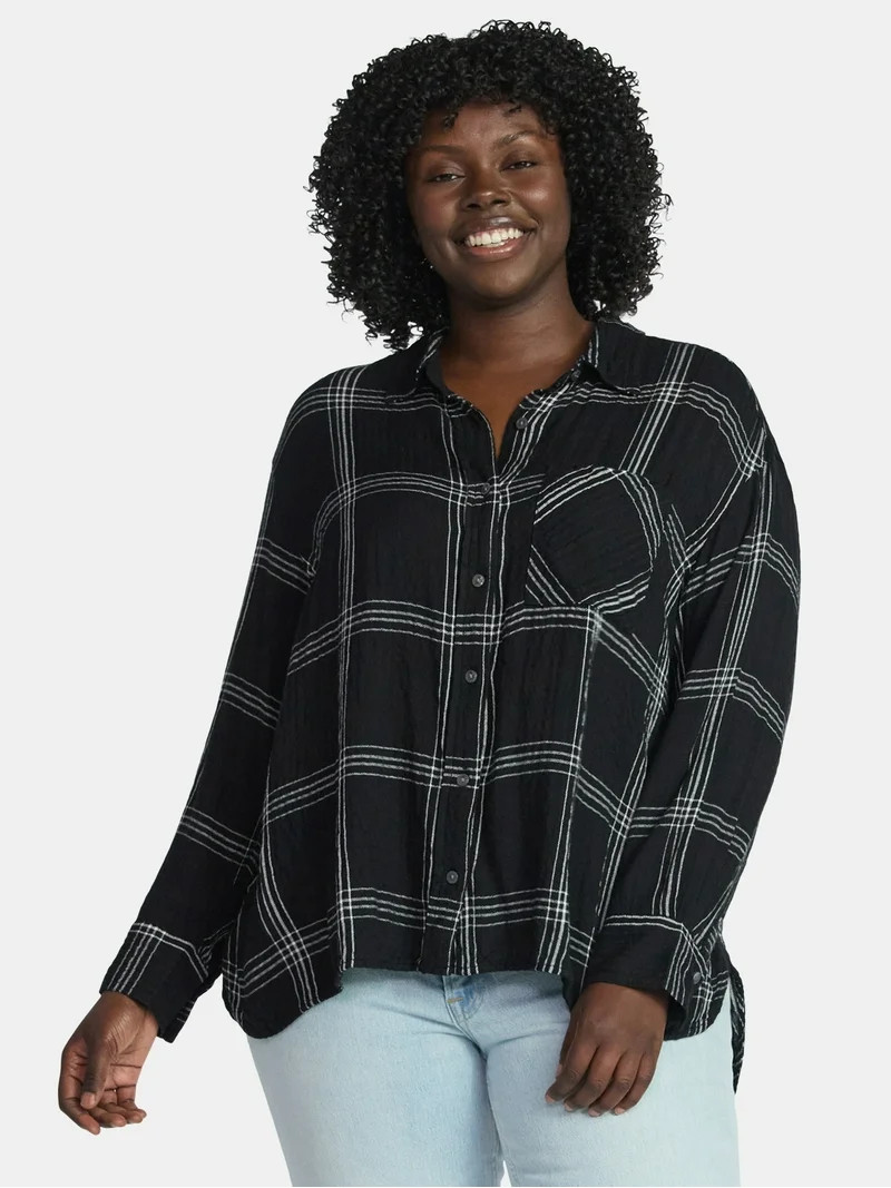 Terra & Sky Women's Plus Plaid Button Front Shirt, Sizes 0X-5X - Walmart.com | Walmart (US)