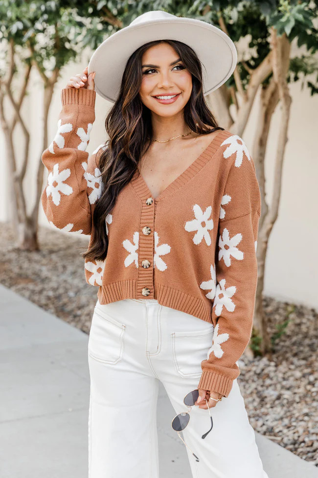 Making Memories Brown Cropped Flower Cardigan | Pink Lily