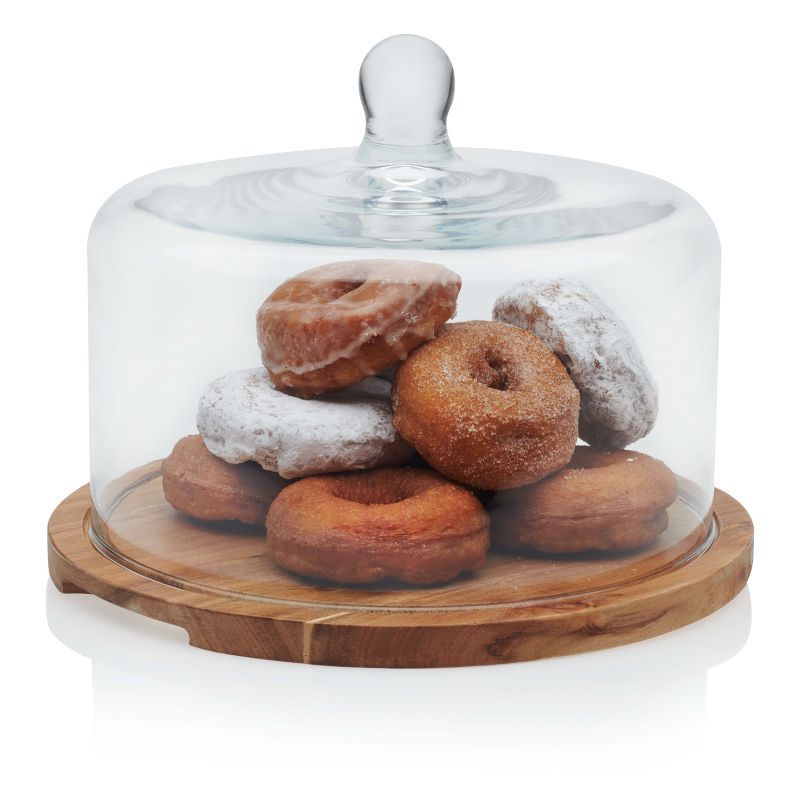 Libbey Acaciawood Flat Round Wood Server Cake Stand with Glass Dome | Target