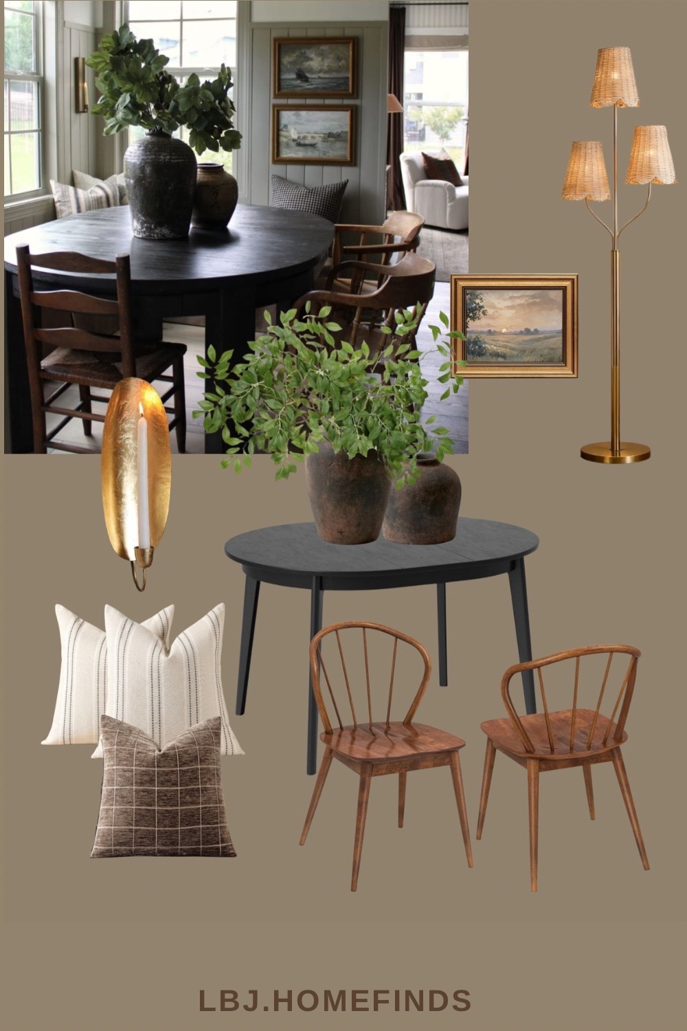 Moody, warm, and timeless 🤎
This vintage-inspired dining room look is all about rich wood tones, black finishes, woven lighting, and neutral textures—the kind of pieces that instantly make a space feel curated and cozy.

I linked everything you need to recreate this modern rustic / transitional dining room, from the round black dining table and spindle chairs to the brass lighting and neutral pillows.
Perfect for anyone who loves classic European, farmhouse, or collected home style ✨

👉 Tap to shop the full look and save for later.

#LTKHome #LTKdayinmylife