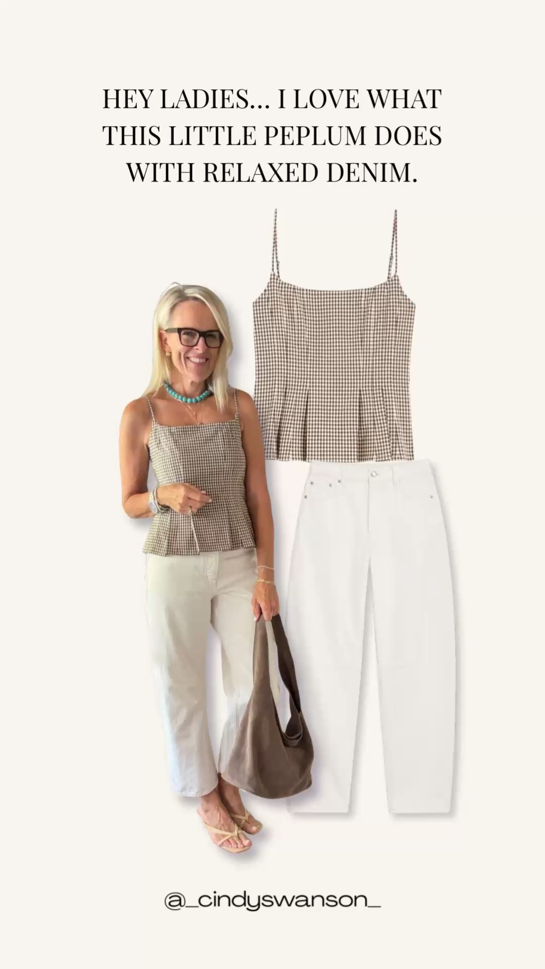 I love a classic outfit with just a little something current. This gingham peplum top adds a feminine touch to relaxed barrel-leg denim, and the white jeans keep the whole look fresh, polished, and easy to wear.

💡 LTK MADE EASY
❤️ Heart = Support my posts!
🔖 Save = Get sale & restock alerts
📋 Lists = Keep favorites organized
📲 Share = Send lists and products to a friend. Hello, Christmas List!
💬 Comment = Ask me anything about what I’m wearing.:-)

#LTKootd #LTKOver40 #LTKTravel