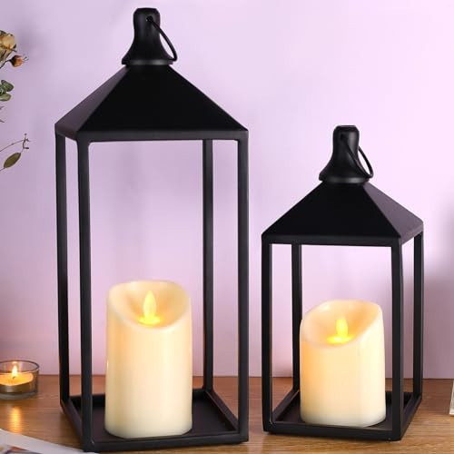 2 Pcs Black Decorative Metal Lanterns Farmhouse Lantern Decor with Candles | Amazon (US)