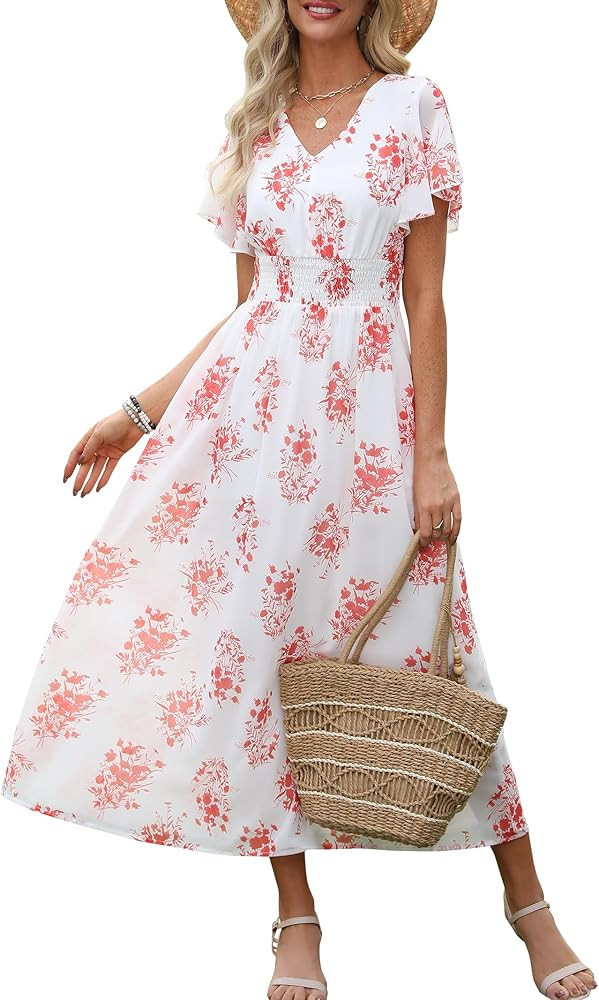 ANRABESS Womens Summer Floral Maxi Dress Casual V Neck Short Sleeve Chiffon Boho Flowy Beach 2026... | Amazon (US)