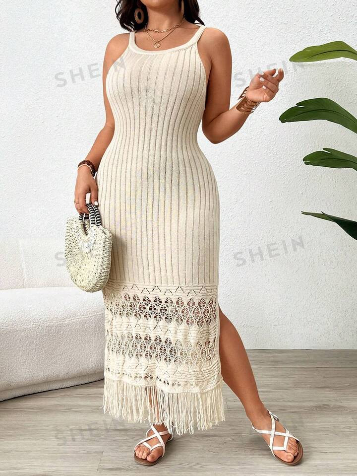 SHEIN VCAY Texture Patchwork Hollow Out Split Plus Size Sleeveless Sweater Dress | SHEIN USA | SHEIN