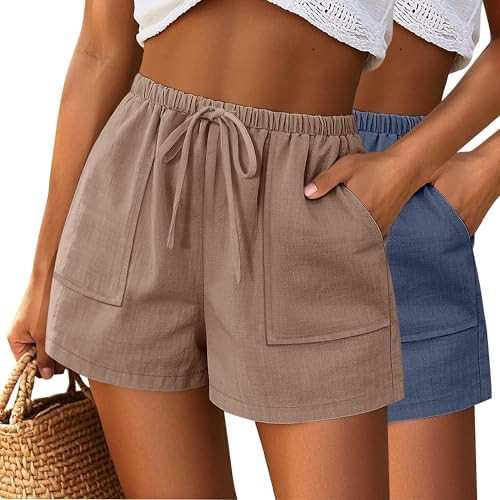 Riyiper 2 Pack Women's Linen Drawstring Elastic Waist Beach Casual Summer Wide Leg Shorts with Po... | Amazon (US)
