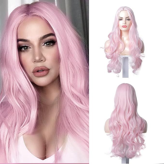 Nyuwa Pink Wigs 22'' Synthetic Long Curly Wig Middle Part Pastel Wig, Light Pink Body Wave Wig Co... | Amazon (US)
