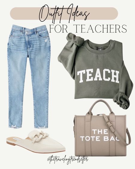 Adorable teacher outfit idea! This sweatshirt also make a cute teacher gift! Paired with the best Abercrombie jeans, white mules, and look for less tote bag! 
5/10

#LTKworkwear #LTKstyletip #LTKfindsunder100