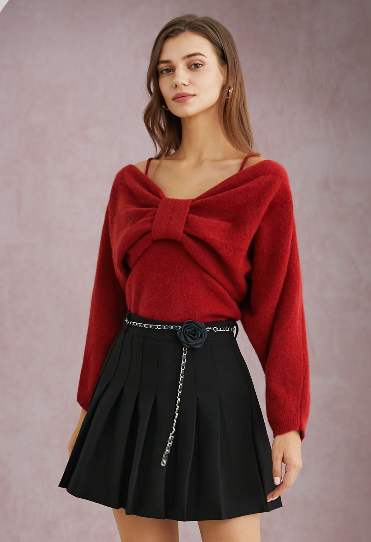 Mesmerizing Bowknot Cami Top and Sweater Set in Red | Chicwish