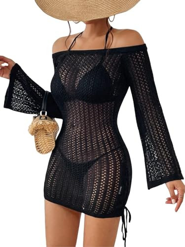 SISKIN Women's Bathing Suit Beach Cover Up Crochet Knit Tops Mesh Hollow Out Dress Drawstring Without Sexy Bikini, Black | Amazon (US)