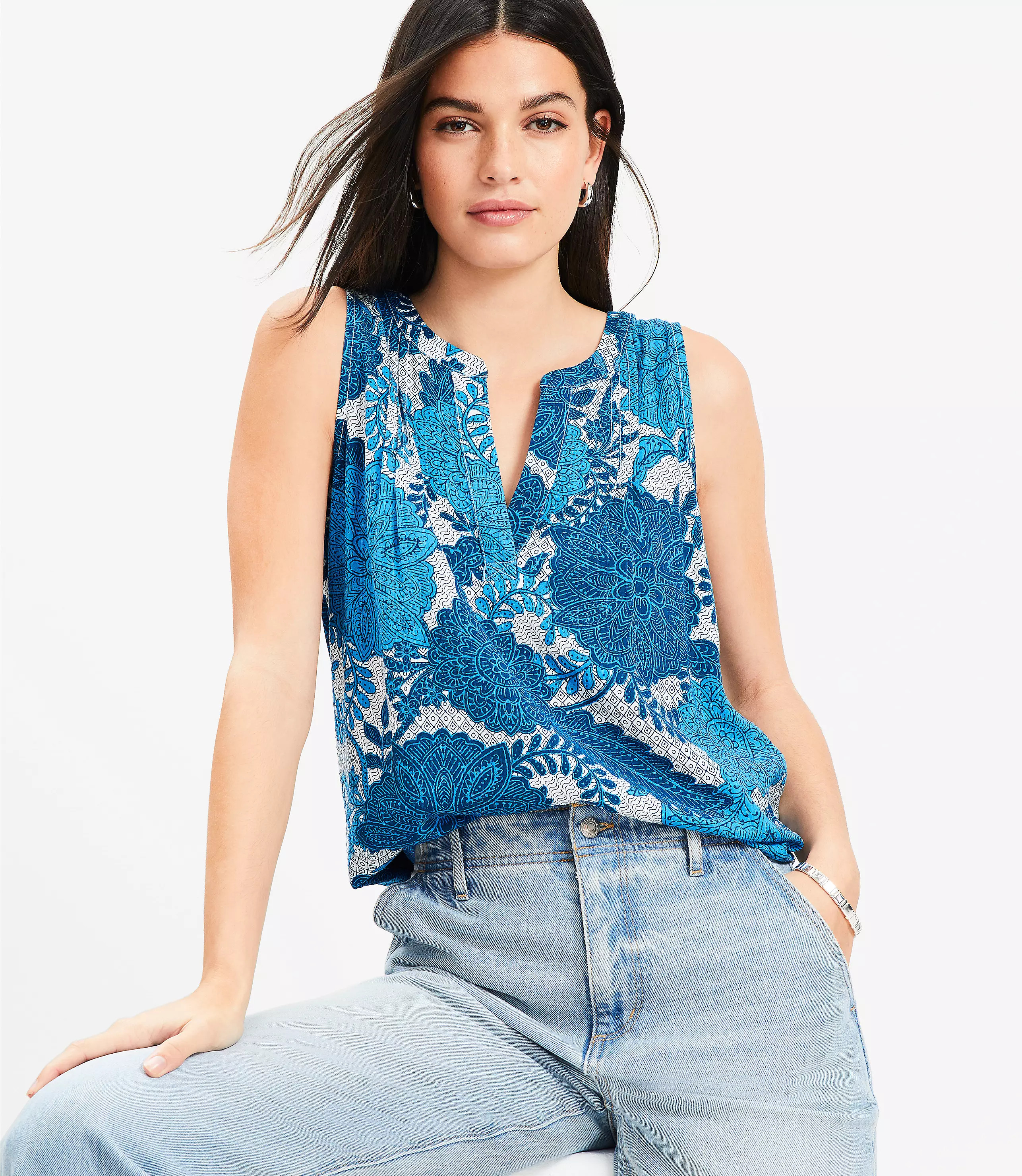 Floral Pleated Mixed Media Shell | LOFT