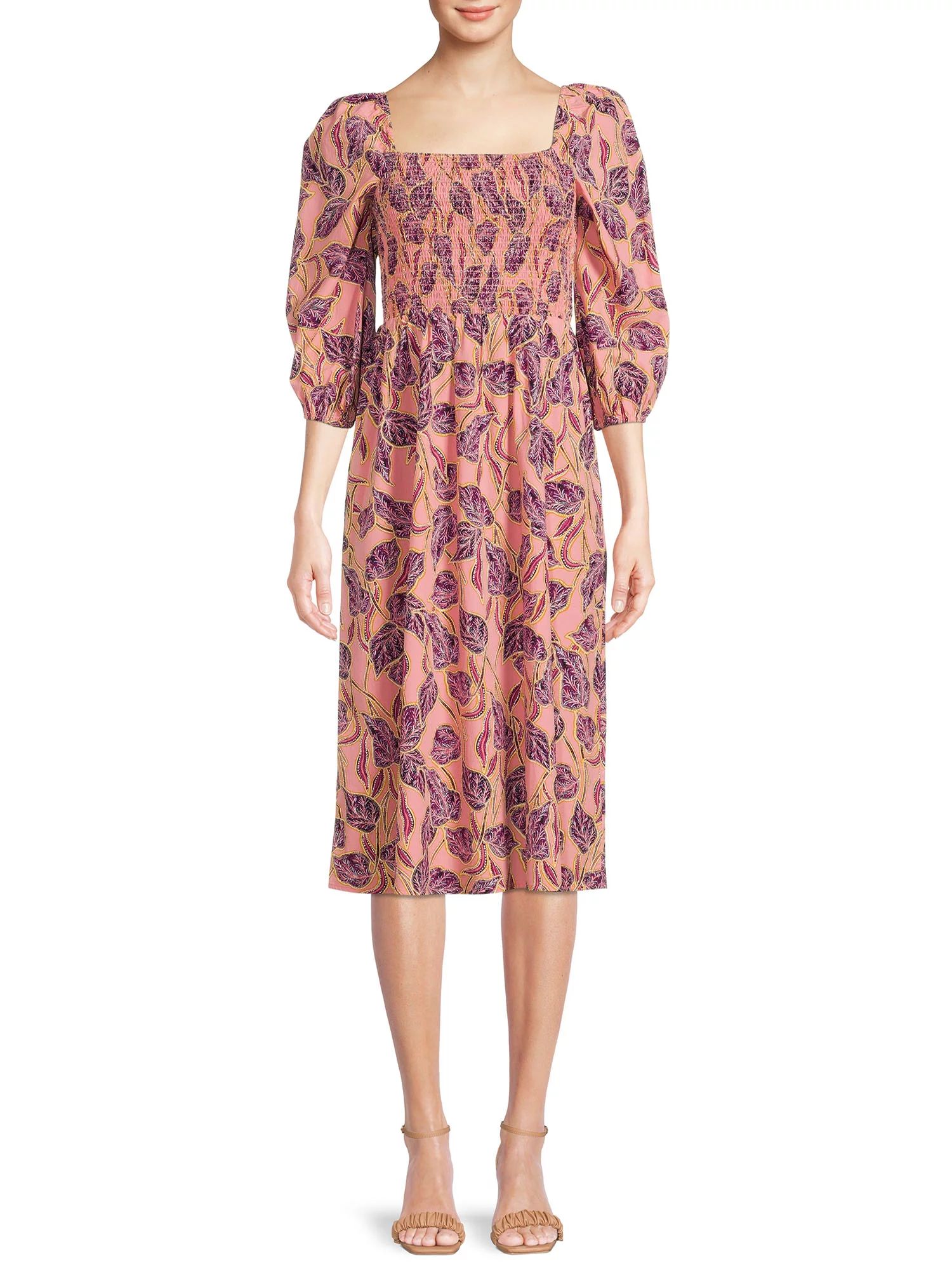Time and Tru Women's 3/4 Sleeve Smocked Midi Dress | Walmart (US)