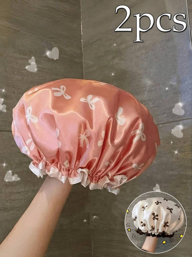 2pcs Waterproof Double-Layer Bow Shower Cap, Elastic Shower Cap, Adult Kitchen Oil-Proof Cap, Bat... | SHEIN