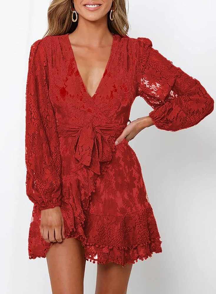 Itsmode Swiss Dot V Neck Mini Dresses for Women Summer Casual Loose Ruffle Short Dresses | Amazon (US)