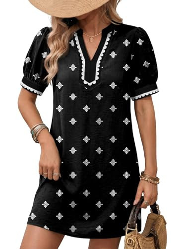 Dokotoo Summer Dresses for Women 2026 Spring Boho Floral Puff Short Sleeve Trim V Neck Elegant Casual Loose A Line Babydoll Mini Dress Beach Party Vacation Sundress Cute Sun Dress Black XX-Large | Amazon (US)
