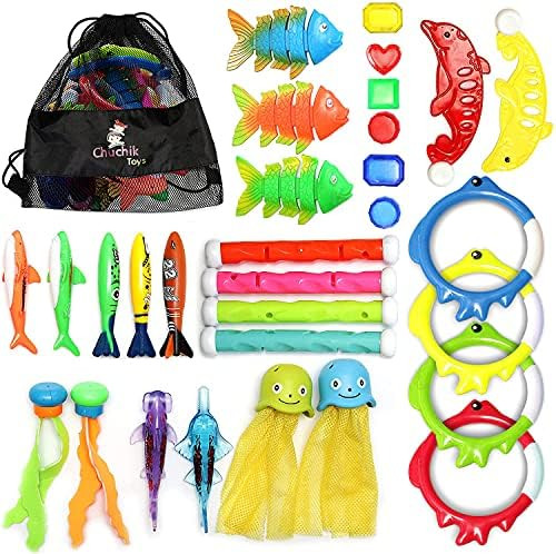 CHUCHIK Diving Toys 30 Pack, Swimming Pool Toys for Kids Includes 4 Diving Sticks, 4 Diving Rings... | Amazon (US)