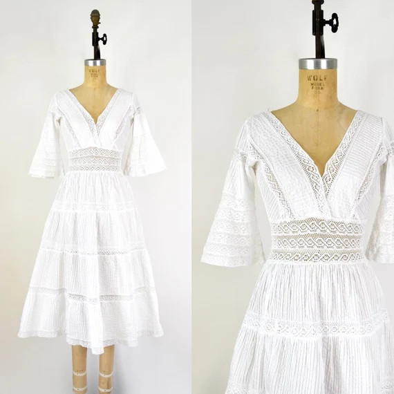 Vintage 1970s Dress  70s White Cotton Lace Mexican Wedding | Etsy | Etsy (US)