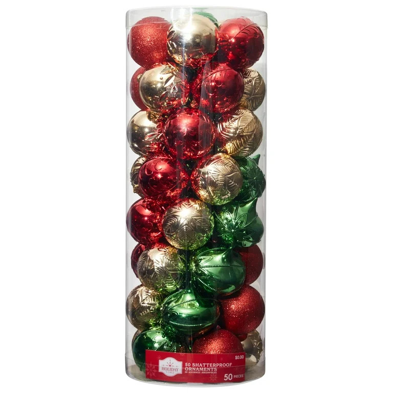 Red, Green and Gold Shatterproof Christmas Ball Ornaments, 50 Count, by Holiday Time | Walmart (US)