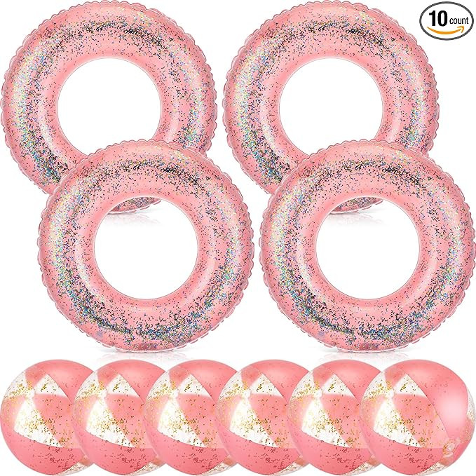10 Pcs Inflatable Pool Floats Tube Beach Balls Set Glitter Swim Rings Bachelorette Party Pools Fl... | Amazon (US)