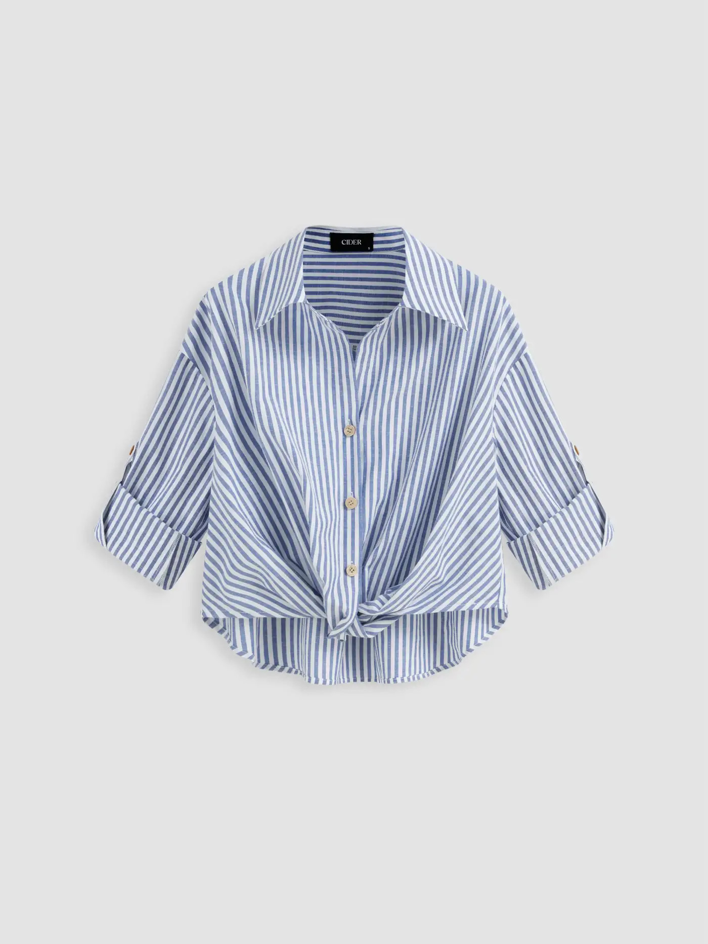 Tejido Cotton Camisa de manga larga de algodón mezclado, con cuello, rayas, moño y mangas enrol... | Cider