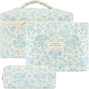 Grenben 3 PCS Cotton Quilted Makeup Bag,Floral Quilted Makeup Bag Set,Cute Cosmetic Bag for Women... | Amazon (US)